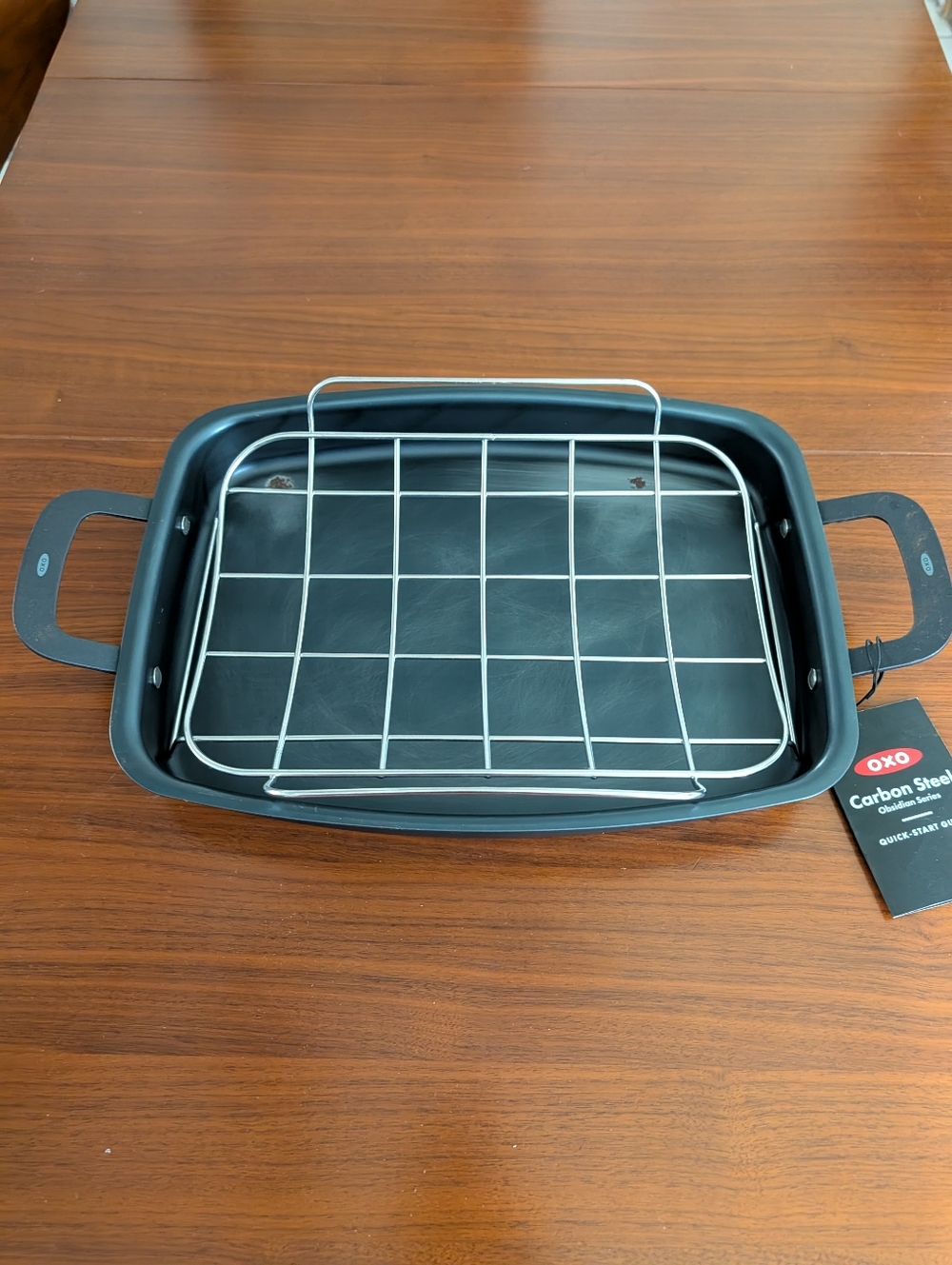 OXO Obsidian Pre Seasoned Carbon Steel Roasting Pan Stainless Steel Grate